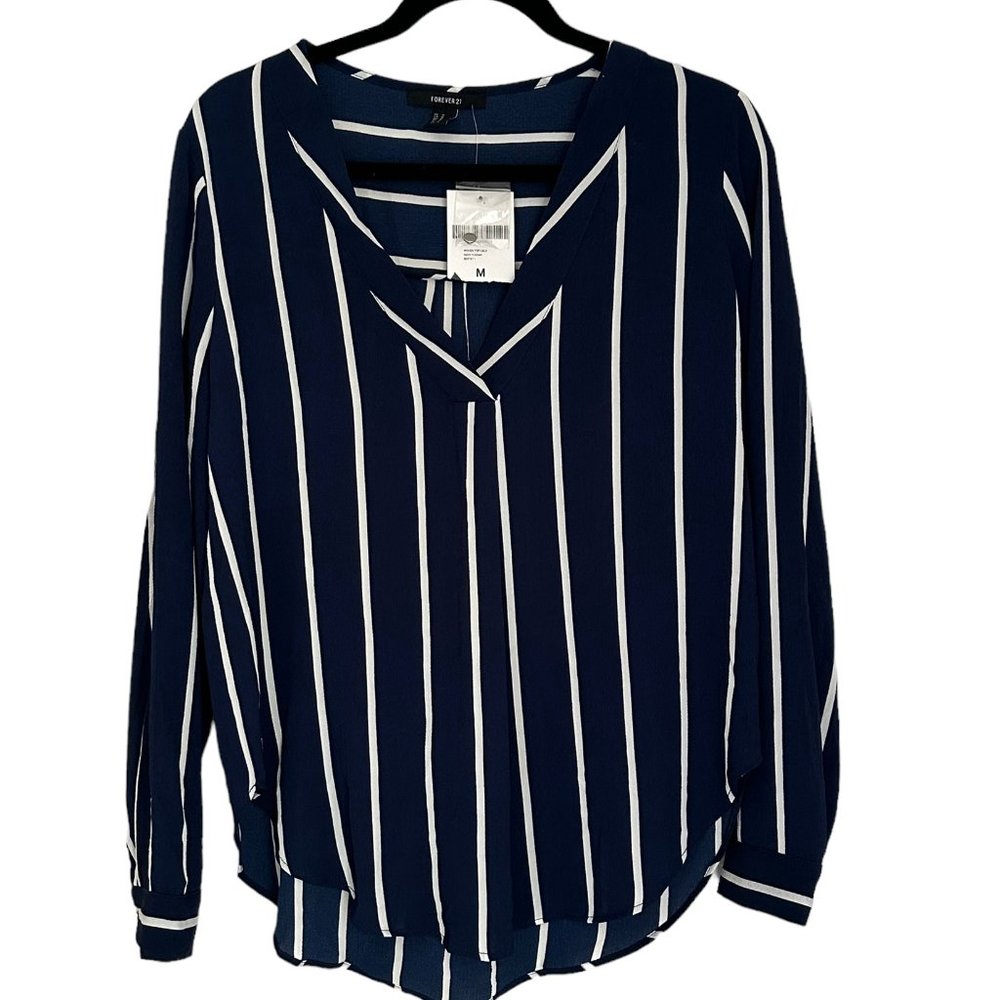 Forever21, med, navy blue-white stripped, women's blouse